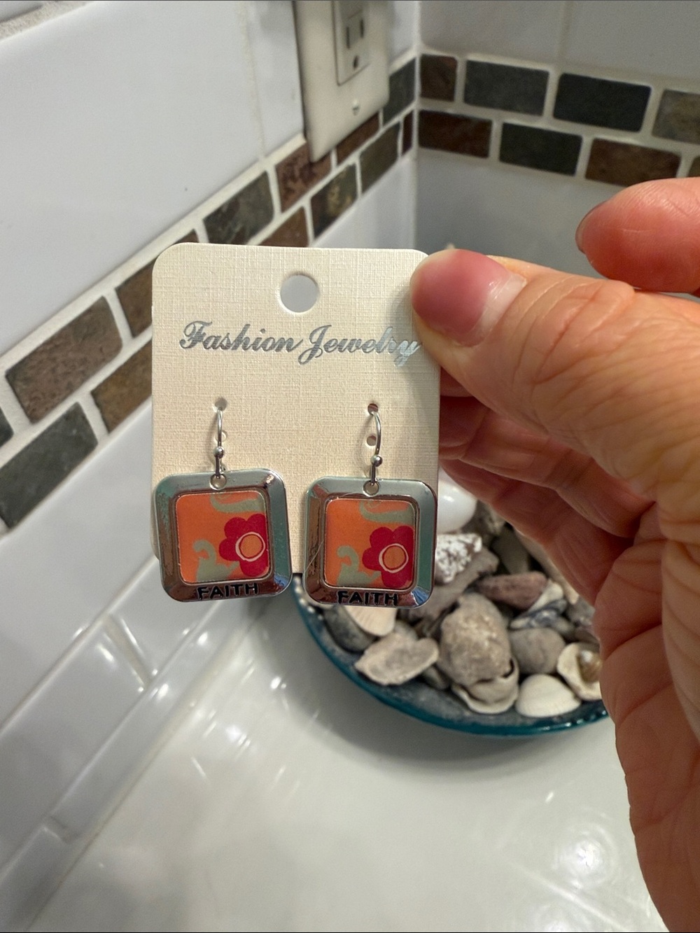 Fashion Jewelry Orange and Pink Floral Square Drop Earrings